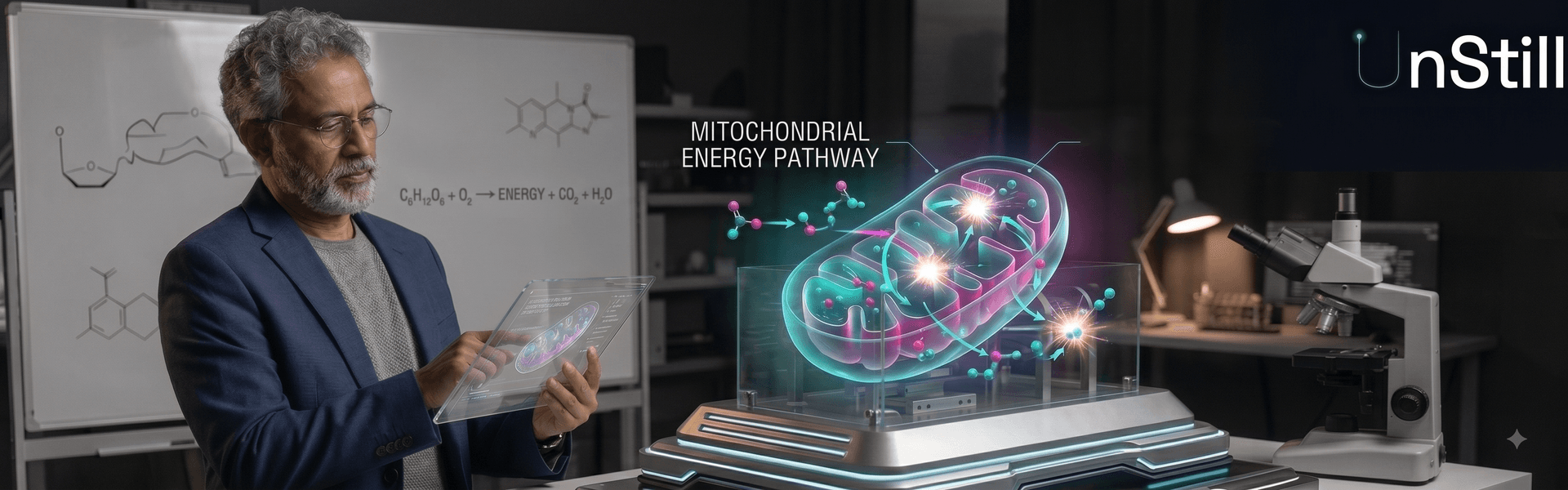 A scientist interacting with a 3D holographic projection of a mitochondrial energy pathway, created by an AI simulation video generator.