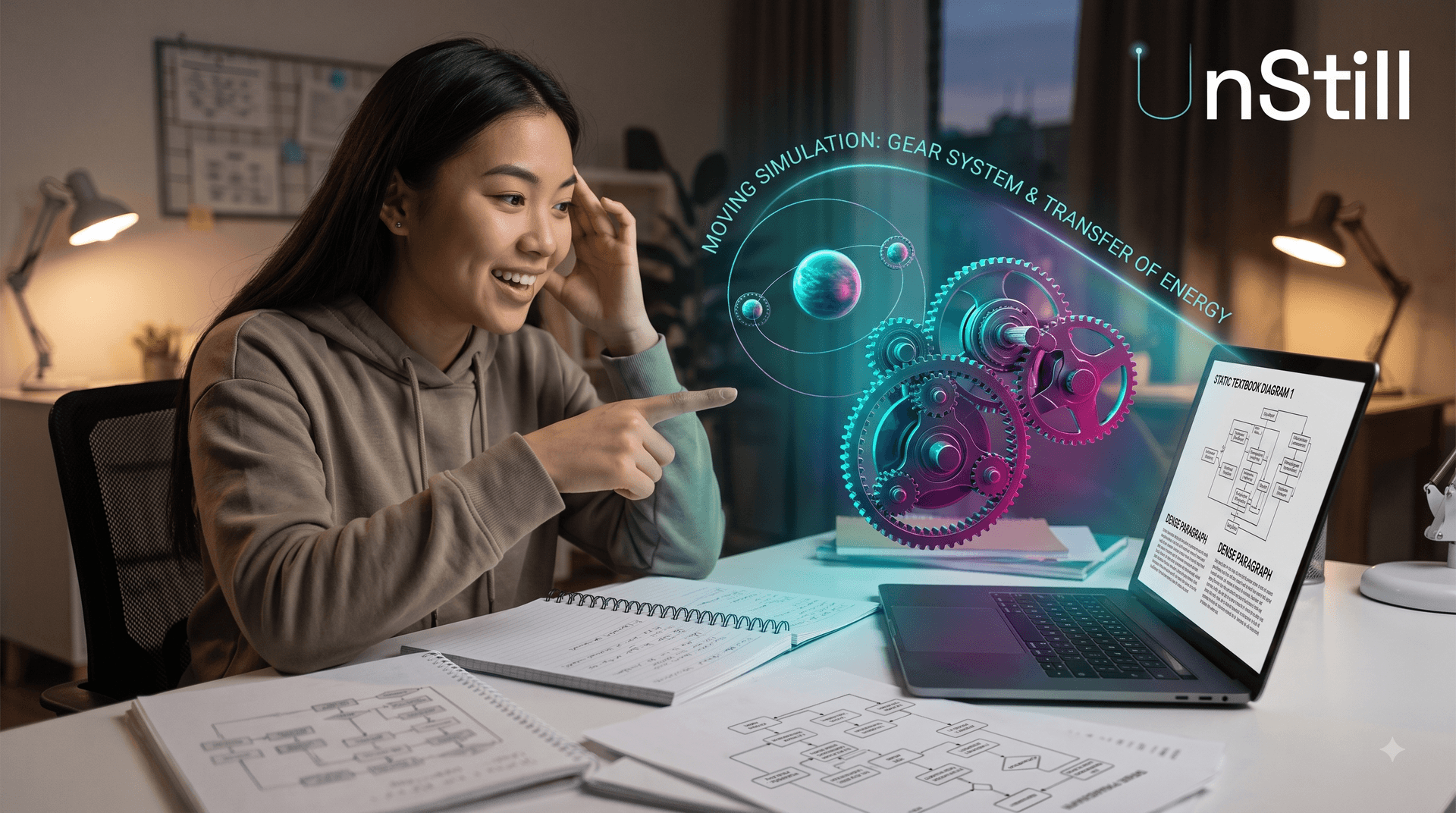 A young woman smiling as a glowing 3D gear simulation emerges from her laptop, demonstrating how Unstill's AI video generator for learning brings static textbook diagrams to life.